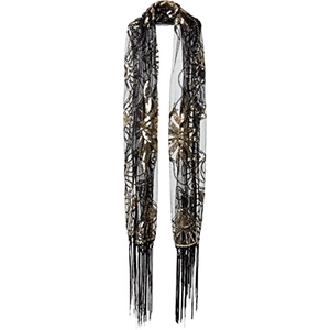 Vintage 1920s black mesh shawl with gold sequins and long tassel trim for evening wear