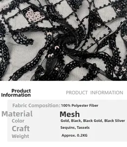 Close-up of black mesh shawl detailing intricate sequins, beads, and fringe craftsmanship