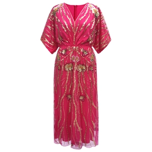 Elegant rose red V-neck maxi dress with gold sequins and ethnic floral embroidery