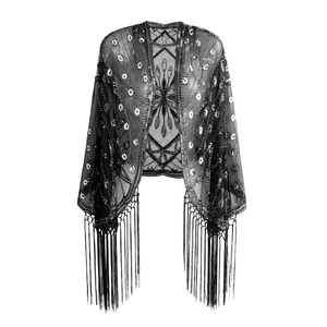 Vintage 1920s evening shawl with silver sequins, beads and long tassels on black mesh
