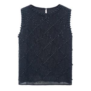 Haut élégant sans manches en mousseline noire avec broderie de perles et paillettes