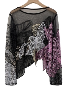 Women Luxury Mesh Sequin Beaded Top Long Sleeve Floral Embroidery Sheer Blouse Round Neck Party Streetwear Polyester Shirt