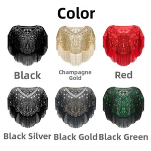 Detailed color chart of vintage sequin fringe shawls in six elegant color combinations