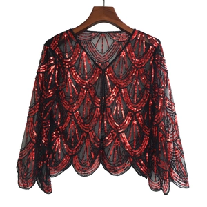 1920s vintage style mesh evening bolero with red sequins and elegant scallop patterns