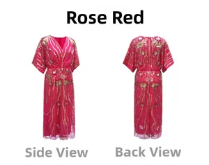Vues détaillées de côté et de dos de la robe col V rose avec paillettes et broderie