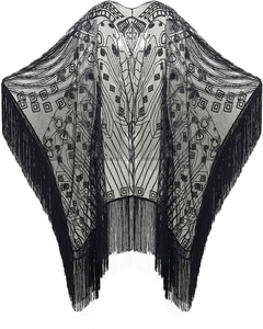 Women 1920s Vintage Sequin Fringe Shawl Mesh Art Deco Gatsby Style Wrap Cape For Evening Party Banquet Prom Wedding Dance
