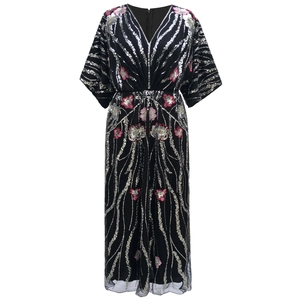 Women 1920s Vintage V Neck Sequin Embroidered Maxi Dress Floral Beaded Mesh Evening Party Gown A Line Half Sleeve