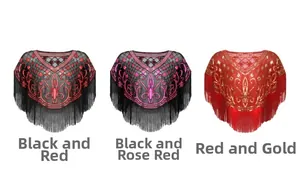 Detail of vintage sequin mesh shawls with fringes in black red, magenta, and gold