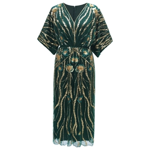 Vintage 1920s emerald green V-neck midi dress with gold sequins and floral embroidery