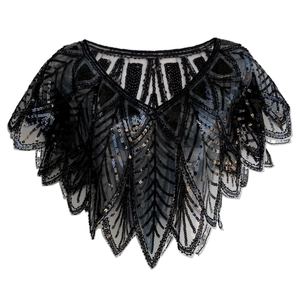 Vintage 1920s evening cape featuring black sequins and art deco patterns on mesh fabric