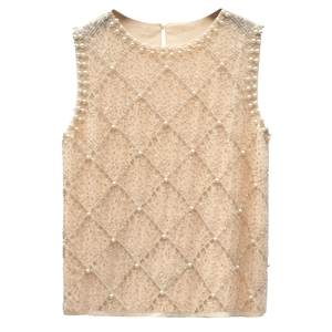 Top sans manches en mousseline beige avec paillettes, perles et broderies losanges