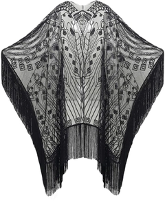 1920s vintage black mesh shawl with sequins, bead embroidery and long tassel trim
