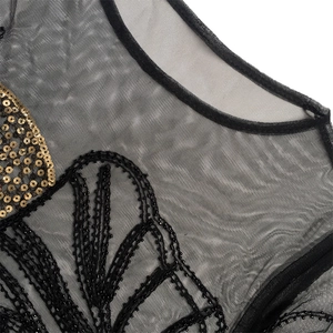 Close-up of black mesh top with intricate gold sequins and vintage beadwork detail