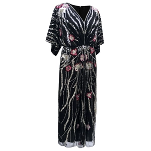 1920s vintage black V-neck maxi dress with silver sequins and floral embroidery details