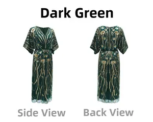 Vues détaillées de profil et de dos de la robe vert foncé avec broderies de sequins dorés