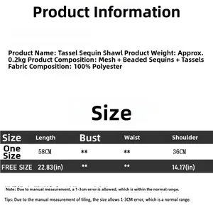Detailed size chart and material specs for the sequin tassel evening cape with 58cm length