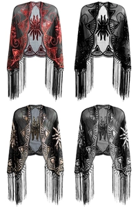 Women 1920s Vintage Sequin Mesh Shawl Wrap With Tassels Art Deco Evening Party Cape Bolero Wedding Bridal Scarf