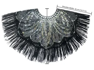 Size chart showing 36cm shoulder width and 58cm length for black sequin fringe shawl