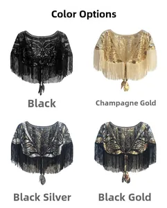 Detailed grid of 1920s vintage sequin shawls with mesh, fringes, and geometric patterns