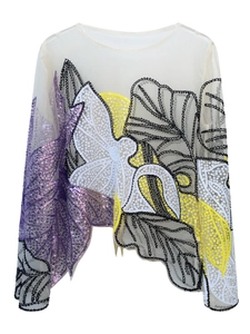 Women Sexy Sheer Mesh T-Shirt Heavy Industry Sequin Floral Embroidery Long Sleeve Round Neck Party Blouse Bling Top