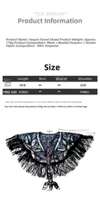 Size chart and technical specifications for the 1920s vintage sequin tassel shawl wrap