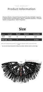 Size chart and specifications for the sequin fringe shawl with beaded mesh details