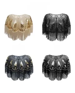 Detailed grid of 1920s vintage sequin shawls in champagne gold, black, gold and silver