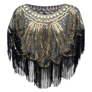 Vintage 1920s Gatsby style black mesh shawl with gold sequins and long fringe tassels