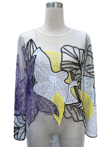 Women's sheer mesh long sleeve top featuring heavy sequin floral embroidery and beads