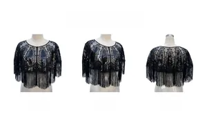 Front, side, and back views of a black 1920s vintage sequined shawl with fringe trim