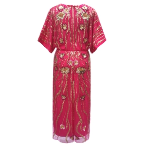 Detailed embroidery and sequins on rose pink 1920s vintage dress with floral patterns