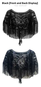 Detailed front and back view of black 1920s vintage shawl with sequins and long fringe