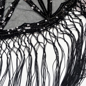 Macro detail of 1920s vintage black shawl featuring sequins and long hand-knotted fringe