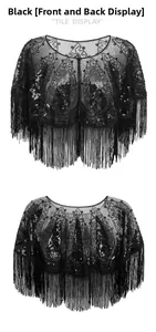 Front and back detail of a 1920s vintage black sequined evening shawl with fringe tassels