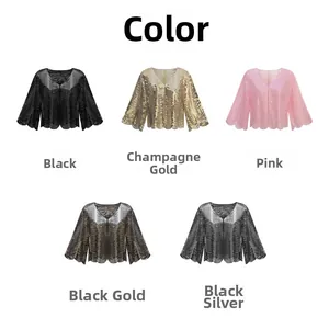 Detail grid of lace sequin boleros in champagne, pink, black gold, and silver finishes