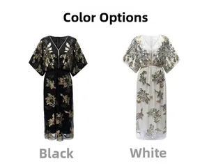 Color display of V-neck sequined maxi dresses with floral embroidery in black and white