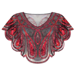 Scialle da sera vintage anni '20 con paillettes rosse e eleganti bordi ondulati