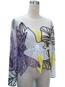 Sheer mesh long sleeve top with colorful floral sequins and embroidery for women