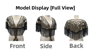 Front, side, and back views of a 1920s vintage black mesh shawl with gold sequins and fringe