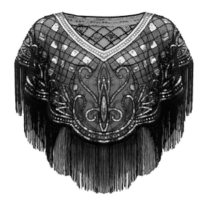 Detail of vintage black mesh shawl with intricate sequins, beads and fringe trim