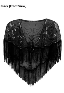 Gros plan détaillé d'un châle à paillettes vintage noir années 1920 avec franges