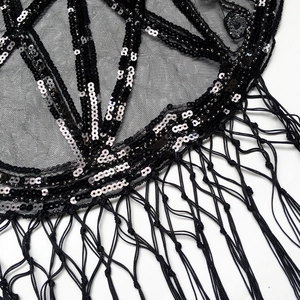 Macro view of vintage 1920s style black mesh shawl with silver sequins and long fringe