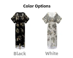 Detail view of elegant V-neck sequined maxi dresses in black and white styles