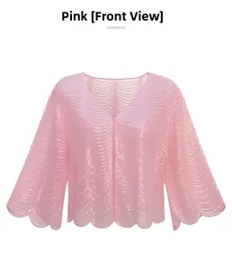 Detail of pink mesh shawl with wavy sequins, scalloped hem, and V-neckline cardigan design