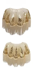 Front and back view of champagne gold vintage shawl with sequins and fringe detail