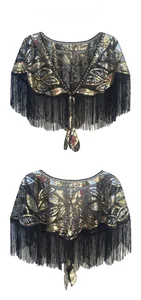 Front and back detail of vintage 1920s black and gold sequin shawl with long tassels