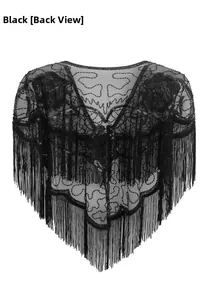 Vue arrière du châle vintage noir avec broderie de paillettes et franges élégantes
