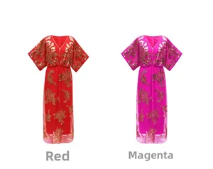 Detail of red and rose red sequin floral embroidery on V-neck formal maxi dresses