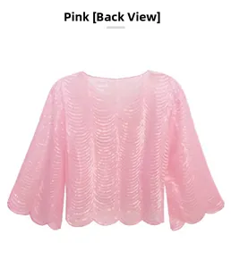 Back view of pink sequined mesh bolero jacket with wave patterns and scalloped edges