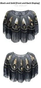 Front and back view of a 1920s vintage black and gold sequin shawl with fringe trim
